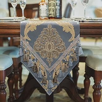 Table Runner with Handmade Tassels, Luxury Table Runner for Dining Room/Restaurant/Banquet/Festival Decoration (33x274cm, Grey Blue)