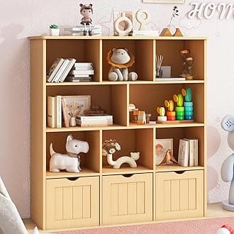 Toy Storage Organizer with Bookshelf, Large Toy Organizers and 3 Movable Drawers with Hidden Wheels and 8 Storage Cubbies, Kids Bookshelf and Toy Chest, Playroom Furniture, Oak