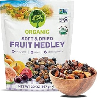 Happy Village Organic Dried Fruit Mix - Apricots, Figs, Strawberries & Tart Cherries, 20 OZ - Kosher, Non-GMO, No Refined Sugar, Vegan, Unsulfured Dried Fruit Medley
