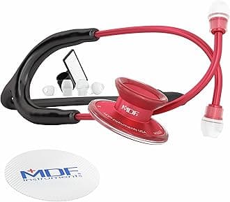 MDF Instruments, Acoustica Lightweight Stethoscope for Doctors, Nurses, Students, Home Health Use, Adult, Dual Head, Black Tube, Red Chestpiece-Headset, MDF747XPR11