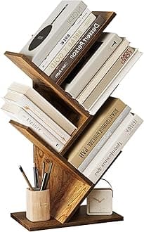 SUNMORY 4 Tier Tree Bookshelf, Small Bookcase, Modern Narrow Bookshelves Organizer, Floor Standing Book Shelf for Bedroom/Living Room/Home Office/Corner, Brown