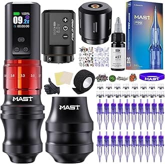 Mast Fold2 Pro Tattoo Kit, Cordless Complete Tattoo Gun Machine Kit, 2 Batteries Power Supply, 2 Grips 40mm & 44mm, Needles Cartridges Black Tattoo Ink Kit