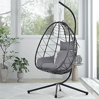 Egg Chair with Stand Indoor Outdoor Swing Chair Patio Wicker Hanging Egg Chair Hanging Basket Chair Hammock Chair with Stand for Bedroom Living Room Balcony (Dark Gray)