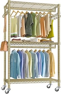 VIPEKV12 Rolling Clothes Rack for Hanging Clothes Heavy Duty Garment Rack 3 Tiers Adjustable Wire Shelving Clothing Rack with Double Hanging Rods, Closet Organizers and Storage, Gold