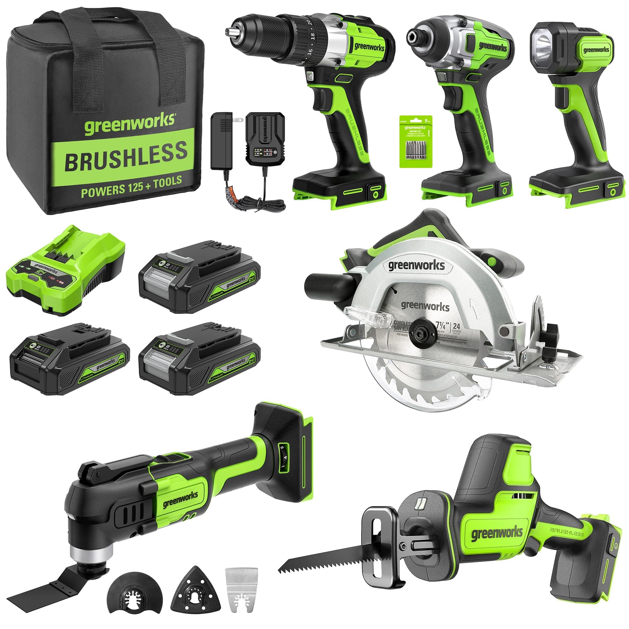 Greenworks 24V 6-pcs Combo Kit: 24V Hammer Drill, Impact Driver, Multi-Tool, Flashlight, Reciprocating Saw & Circular Saw, Includes 3 * 2.0Ah Batteries & (2) Chargers