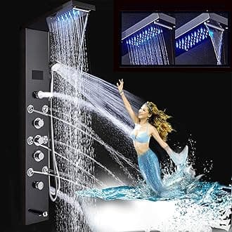 FUZ Contemporary Shower Panel Tower System Stainless Steel 6-Function Faucet LED Rainfall Waterfall Shower Head + Handheld Sprayer + Rain Massage Body Jets + Tub Spout, Black.