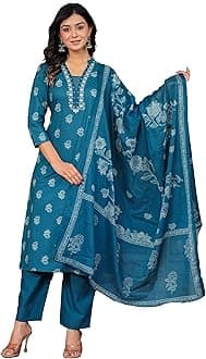MANHAREE | Women's Cotton Printed Straight Kurta with Pant & Dupatta Set