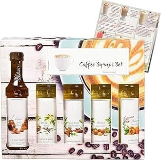 Monin Coffee Syrup Gift Set with Caramel, Vanilla, Hazelnut, Gingerbread and Amaretto Syrups | Perfect for Flavoured Coffees, Hot Chocolates and Frappes
