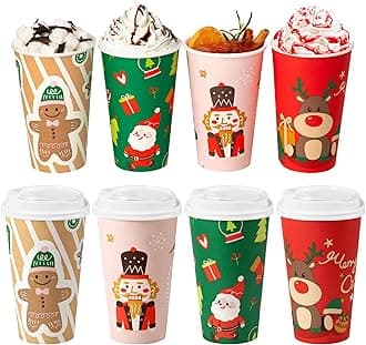 Fit Meal Prep 50 Pack 16 oz Christmas Disposable Coffee Cups with Lids, Premium Paper To Go Coffee Cups, Leak Proof Hot Coffee Cups with Lids for Travel, Office, Hot/Cold Beverages (White Lids)