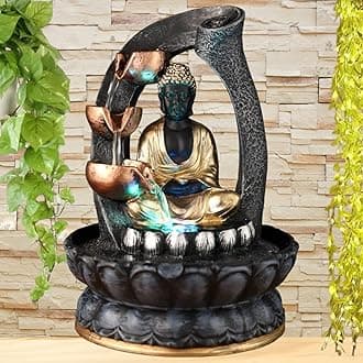 Welcome Indoor or Outdoor Buddha Fountain Lord Buddha Tabletop Polyresin Water Fountain with LED Lights for Home Decor Showpiece,Gifts for Loveones