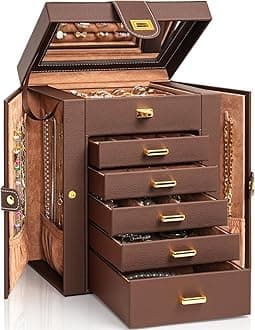 AKOZLIN Jewelry Box Organizer Functional Leather Jewelry Storage Case for Women Girls Ring Necklace Earring Bracelet Holder Organizer with Mirror Brown
