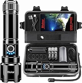 Blukar LED Torch Rechargeable, Ultra High Lumens Super Bright Torches - Adjustable Focus,5 Modes,5000 mAh Long Lasting,IP67 Waterproof,Powerful Handheld Flashlight for Camping,Hiking,Emergency-Black