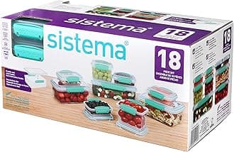 Sistema 18-Piece Food Storage Containers with Lids for Lunch, Meal Prep, and Leftovers, Dishwasher Safe, Clear/Blue