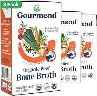 Organic Unsalted 16.9oz Beef Bone Broth from Gourmend Foods (3 Pack) – Just 10 Ingredients, Low FODMAP Certified, Filler Free, Gluten Free, Non-GMO, Onion & Garlic Bulb Free