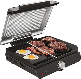 Ninja Sizzle Low Smoke Electric Indoor Grill & Flat Plate, 1460W, with Non-Stick Grill Plate & Flat Top Plate, Detachable Dishwasher Safe Lid, Grease Catch & Recipe Guide, Grey GR101UK