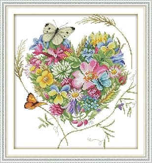 CaptainCrafts Cross Stitch Kits for Adults Stamped Kit Printed 11CT Fabric Cross Stitching DIY Art DMC Needlecrafts Embroidery Kit for Adults Beginner (Stamped, Butterflies Love Heart Shaped Flower)