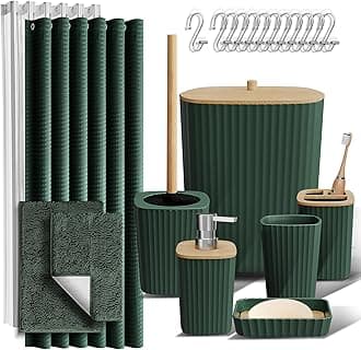 Clara Clark Bathroom Accessories Set - Bathroom Set, Bathroom Sets with Shower Curtain and Rugs, Shower Curtain Set with Bathroom Trash Can - Green - 22PC
