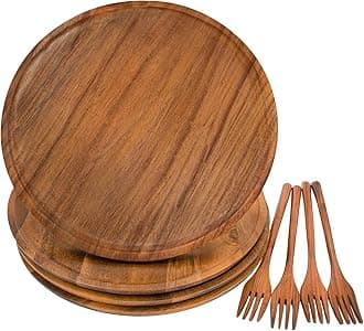 Wooden Plates, Wood Dinner Plates with Forks, Reusable Handmade Natural Wood Flatware Set for Cooking, Eating, Housewarming(Set of 4, Large 11" x 11")