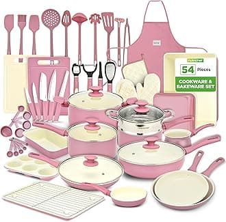 NutriChef Pots and Pans Set, Non-Stick Cookware Set 54-Piece, Nonstick Multi-Sized Pot and Pan Sets with Lids, Kitchen, Bakeware, Induction Compatible, PFOA-Free, Pink