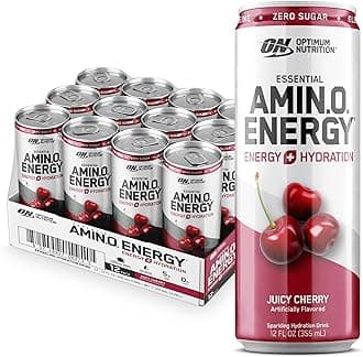 Amino Energy Drink + Electrolytes for Hydration - Sugar Free, Amino Acids, BCAA, Keto Friendly, Sparkling Drink - Juicy Cherry, Pack of 12 (Packaging May Vary)