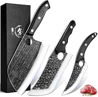 TIJERAS Butcher Knife Set For Meat Cutting, 3PCS Hand Forged Cooking Knives Set With Ergonomic Handle, High Carbon Steel Meat Bone Cleaver for Kitchen Camping BBQ, Birthday Gifts for Men Women