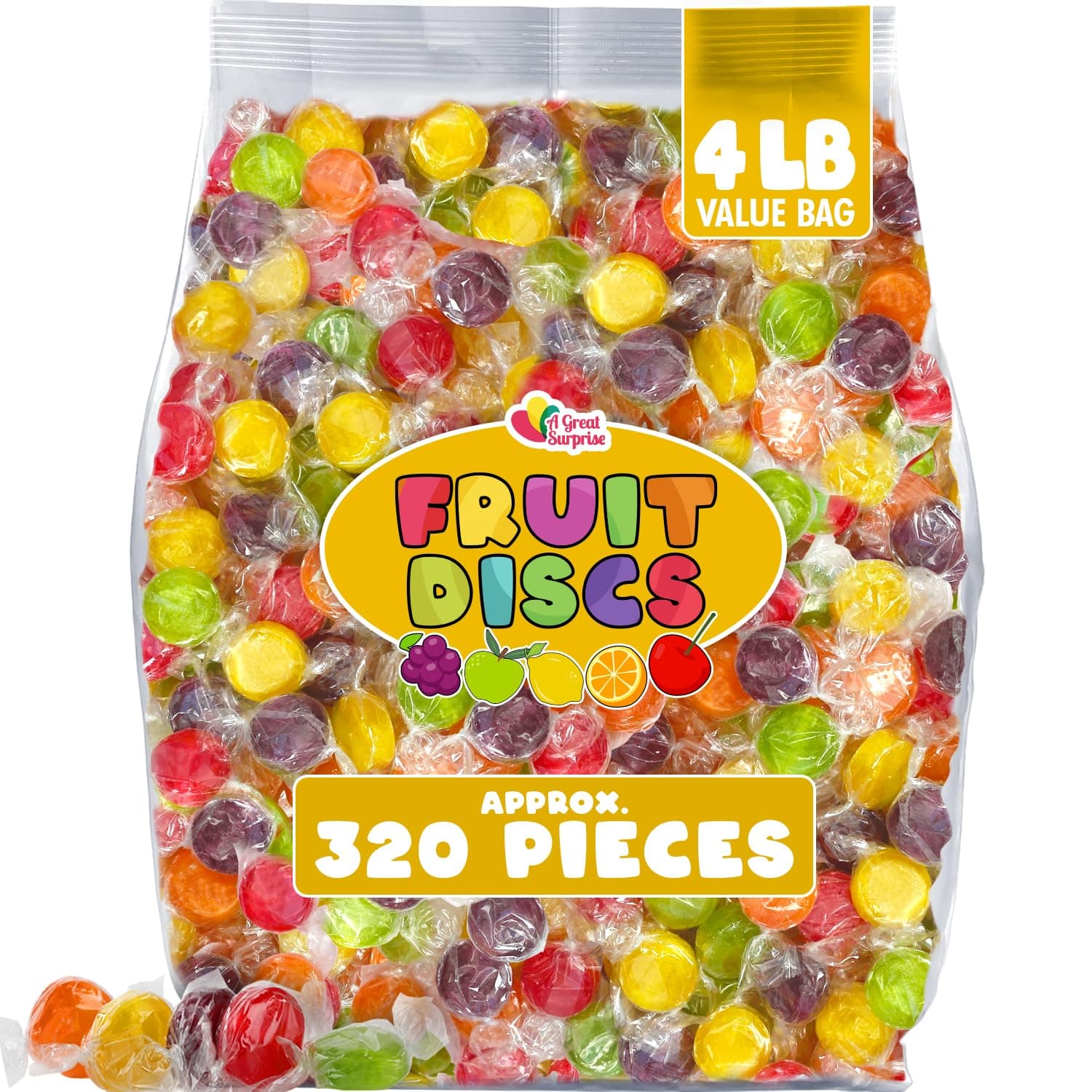 A Great Surprise Assorted Fruit Discs - 4 Pound Bag - Bulk Individually Wrapped Candy - Fruit Flavored Candies