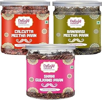- Delight Foods Calcutta Meetha, Banarasi Meetha Paan & Gulkand Paan 900grams (300g x 3) | Without Supari |Sweet Hygienically Packed Jar | Traditional Mukhwas | Mouth Fresheners