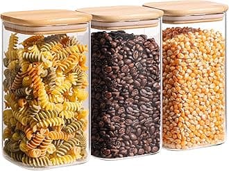 ComSaf 44oz Glass Storage Containers with Lids, Glass Jars with Bamboo Lids, Clear Food Storage Jar, Square Glass Canister Set of 3, Pantry Organizers and Storage for Flour Oat Pasta Tea Coffee Bean