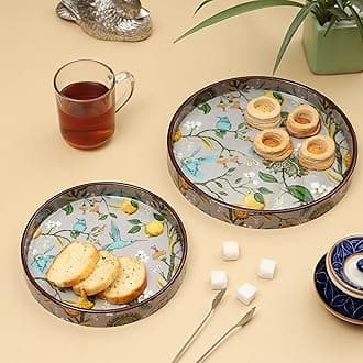 DULI Set of 2 MDF Wood Trays Enamel Coated| Round Trays Set of 2 | Serving Trays | Wooden Tray | Kitchen&Dining Decorative | Resin Tray | Handmade | 7x7 & 9x9 inches (Setof2Round: Fruit&Birds)