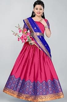 Girl's Kanjivaram Traditional South Indian Resam Silk Multicoloure Lehenga Choli set