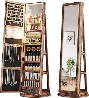 OUTDOOR DOITOUTDOOR DOIT 360° Rotating Jewelry Armoire with Lockable,Full Length Mirror Large Capacity Jewelry Organizer Armoire,Floor Standing Mirror with Back Storage Shelves for Bedroom (Brown1)