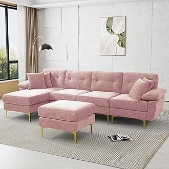U Shape Sectional Sofa Couch,114" Comfy L Shape Sofa with Chaise Lounge Ottoman, Modern Upholstered Chenille 4 Seat Couches for Living Room Office, Pink