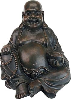Design ToscanoLaughing Asian Man Happy Hotei Garden Statue, Large, 18 inches Wide, 19 inches Tall, Cast Stone Resin, Green Bronze Finish