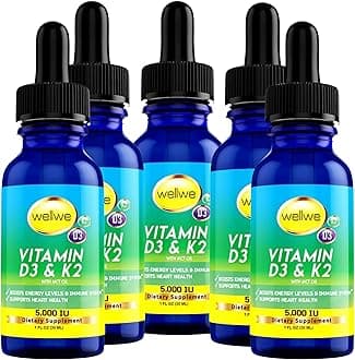 Liquid Vitamin D3 K2 Drops 5000 IU - No Taste, No Odor, Soy-Free, Gluten Free, Non-GMO, 1000 IU per Drop, Boosts Energy Levels & Immune System, Supports Heart Health (5 Pack)