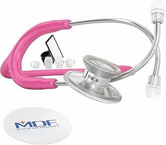MDF Instruments, Acoustica Lightweight Stethoscope for Doctors, Nurses, Students, Home Health Use, Adult, Dual Head, Fuchsia Tube, Silver Chestpiece-Headset, MDF747XP32