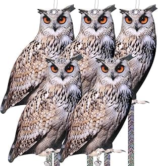 5 Pack Owl Scare Reflective Hanging Owl Decoration, Effective Owl Control Device to Scare Animals Pigeon Woodpecker Away from Patio Garden