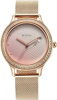 Titan Purple Glam It Up Quartz Analog with Date Pink Dial Rose Gold Stainless Steel Strap Watch for Women - NT2634WM05