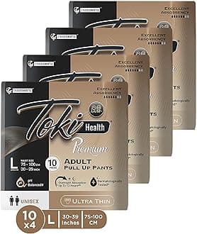 TokiHealth Ultra Thin Premium Pull Up Adult Diapers Pants Style Size L Waist 30 to 39 Inches (75-100 CM) | Soft 360 Waistband, 3D Leak Guard & Upto 12 Hours Overnight Absorption - Unisex -L 40 Count