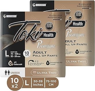 TokiHealth Ultra Thin Premium Pull Up Adult Diapers Pants Style Size L Waist 30 to 39 Inches (75-100 CM) | Soft 360 Waistband, 3D Leak Guard & Upto 12 Hours Overnight Absorption - Unisex -L 20 Count