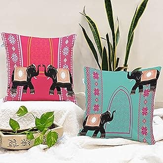 STITCHNEST Set of 2 Polycotton Cushion Covers – 24x24 Inches – Traditional Elephant & Arch Motif in Pink, Aqua & Yellow – Ethnic Festive Cushion Covers for Sofa & Home Decor