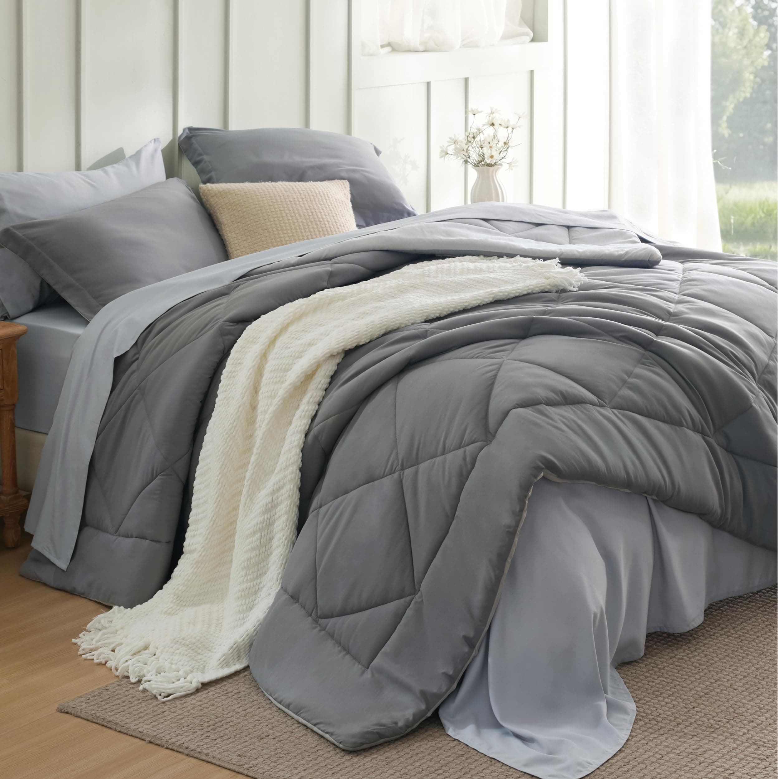 Bedsure Full Size Comforter Set - 7 Pieces Reversible Grey Bedding, Full Size Bed Set for All Seasons, Bed in a Bag with Down Alternative Comforter, Sheets, Pillowcases & Shams