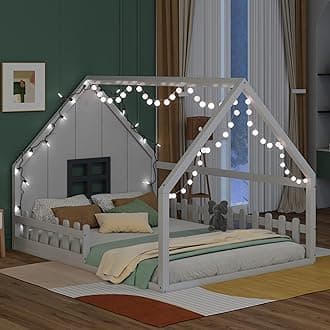 Merax Full Size House Bed for Kids, Wood Montessori Floor Bed with LED Light Toddler Floorbed with Fence and Window, Toddler Bedframe for Girls Boys, White