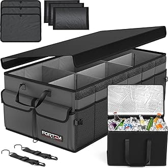 FORTEM Car Trunk Organizer with Cooler, Collapsible Multi Compartment Car Organizer, Foldable SUV Storage for Car Accessories for Women, NonSlip Bottom, Securing Straps, Soft Cover 85L (Grey, X-Large)