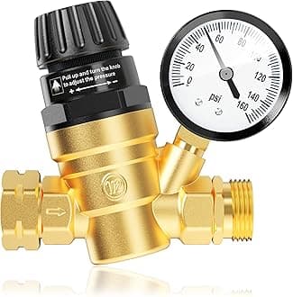 RV Water Pressure Regulator Valve, Brass Lead-Free Adjustable Water Pressure Reducer with Gauge and Inlet Filter for RV Camper and Travel Trailer