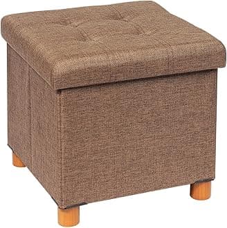B FSOBEIIALEO Storage Ottoman with Tray, Foot Stools and Ottomans with Wooden Feet, Storage Cube Seat Linen Brown 15"