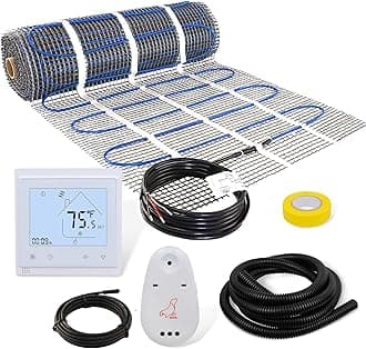 10 Sq ft Floor Heat Mat Kit, 120 V Electric Radiant Floor Heating System for Under Stone, Upgraded Thermostat with Temperature Readout Switchable to Fahrenheit.