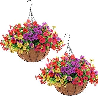 Hananona 24 Pcs Artficial Outdoor Flowers with Hanging Baskets, 2 Pack Hanging Planter with Outdoor Spring Flowers for Porch Garden and Home Patio Yard Decor (2, Red, Purple, Yellow, Rose Red)