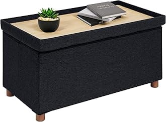 B FSOBEIIALEO Storage Ottoman with Tray, Foot Stools and Ottomans with Legs, Storage Cube Seat Linen Black 30"