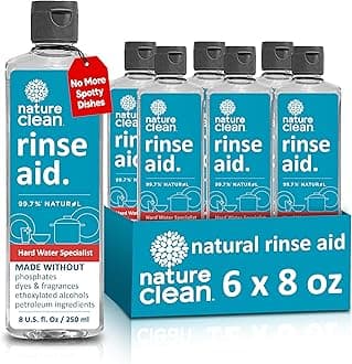 Nature Clean Dishwasher Rinse Aid Liquid, Non Toxic Natural Formula, Spot Free Shine for Glasses & Dishes, Hard Water Stain Remover, Dishwasher Drying Agent, 8 oz/250 ml Pack of 6