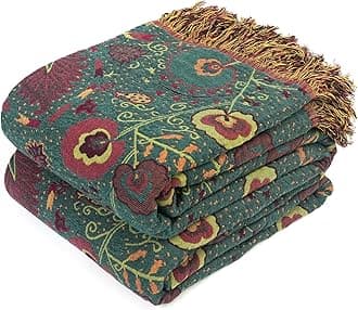 Boho Throw Blanket for Bed 100% Cotton Ultra Soft Rustic Quilt Farmhouse Decor Bed Fall Blankets,All Season Rustic Throw for Sofa Couch Chair (Flower-Dark Green, 80"×90")